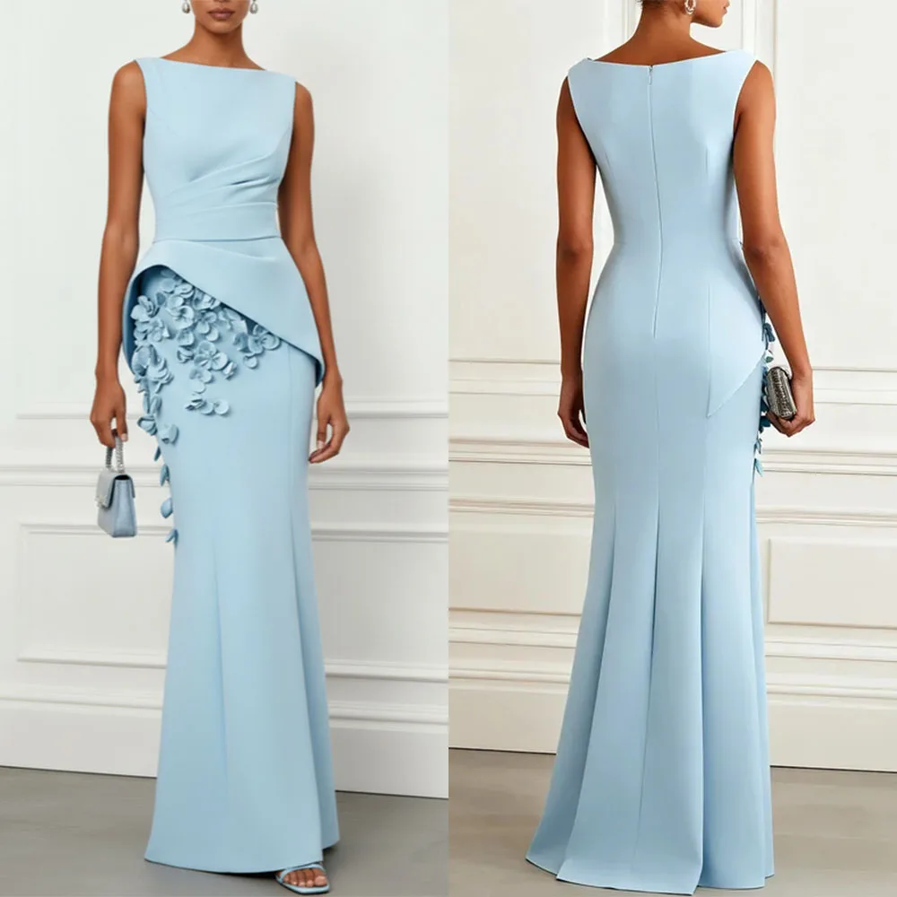 

High Quality Customized Floor Length Blue Zipper Flowers Appliques A-line Woman Вечернее Платье Женское Evening Gown Party Dress