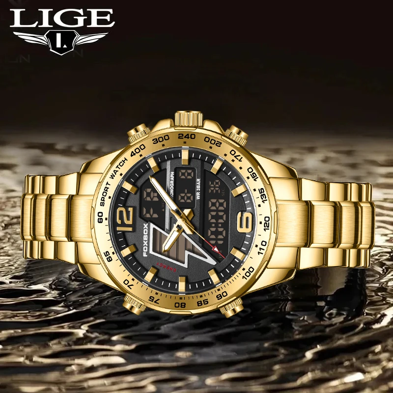 LIGE Luxury Original Big Men Sports WristWatch Quartz Steel Waterproof Dual Display Clock Watches Relogio Masculino For Men