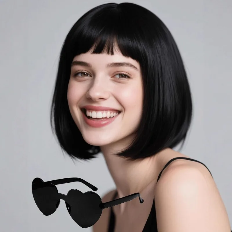 Synthetic Fiber Wig Female Bob Short Straight Hair Ponytail High Temperature Silk Full Head Wig Daily Wear Universal Short Hair