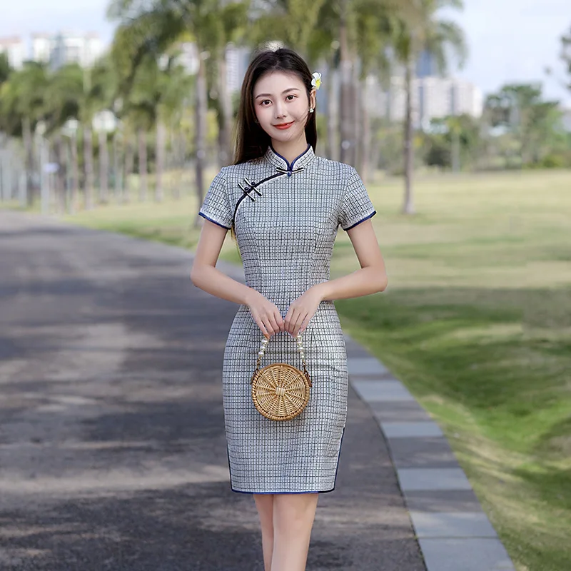 Yourqipao New Chinese Style Plaid Cheongsam for Women Summer 2024 New Slimming Daily Improved Qipao Dress