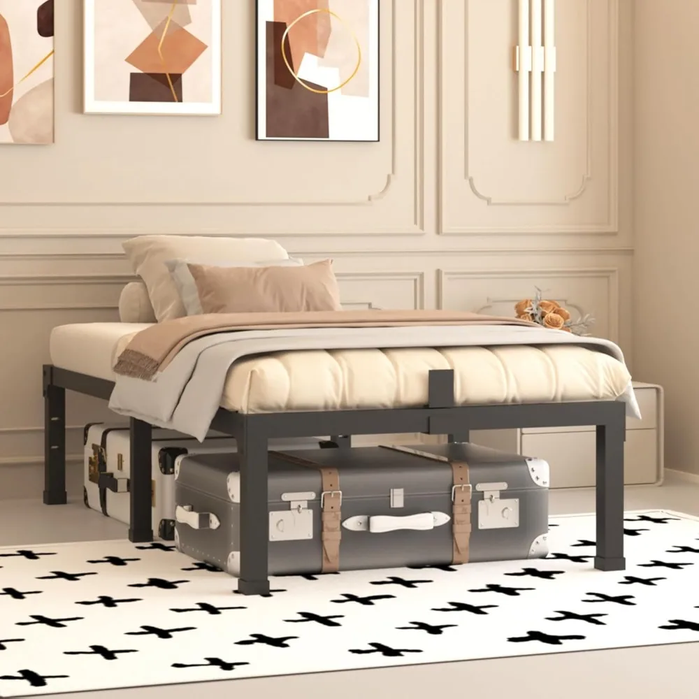 Cadres de lit double, plate-forme métallique robuste de 14 pouces de haut de 3500 lb, base de matelas avec support à lattes en acier/sans sommier