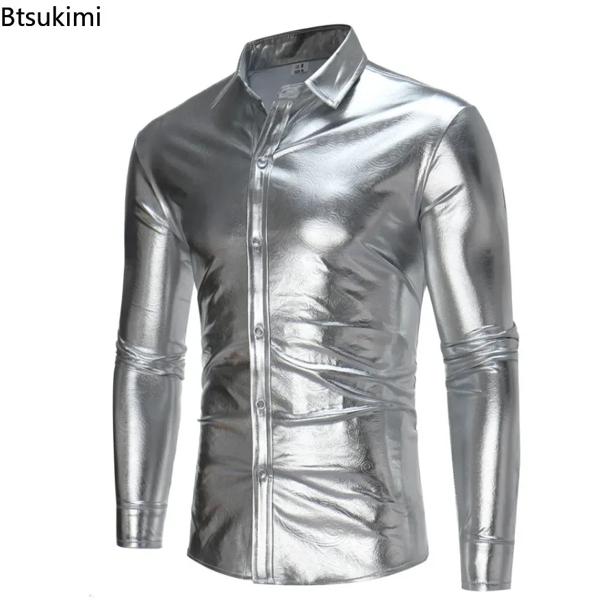 2024 Camisa de vestir de diseño metálico con lentejuelas doradas brillantes de discoteca para hombre, traje de escenario de fiesta de Halloween y