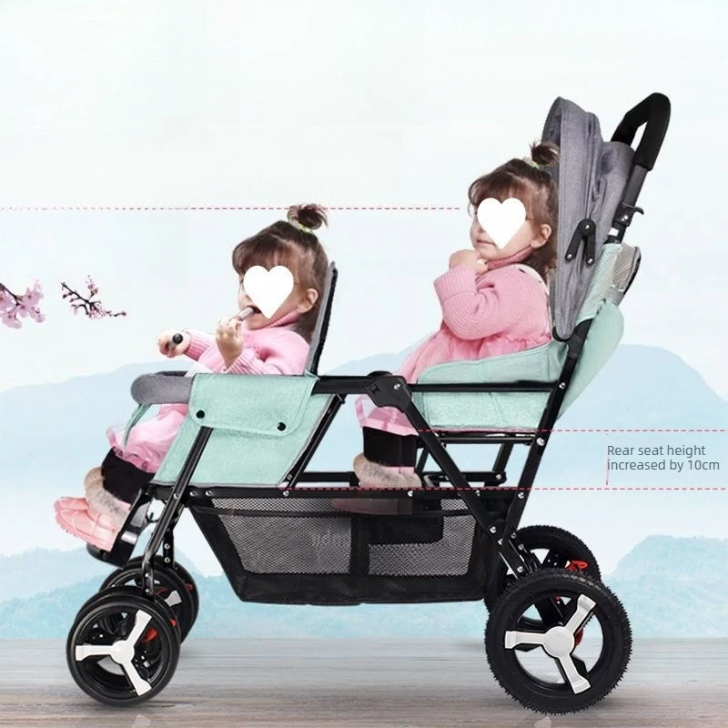 Twin Baby Stroller with Adjustable Canopy Shock Absorbing Wheels Reclining Seats and Large Storage Basket Design