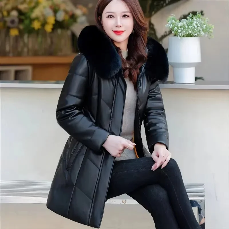 Fashion Join Together Pu Leather Jacket Women Spring Autumn Windbreaker Jacket Female Mid Long Korean Version Slim Leather Coat