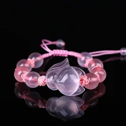 Chinese Natural Pink Agate Chalcedony Jade Fox Elastic Bracelet Jewellery Hand-Carved Accessories DIY Women Man Gift Amulet