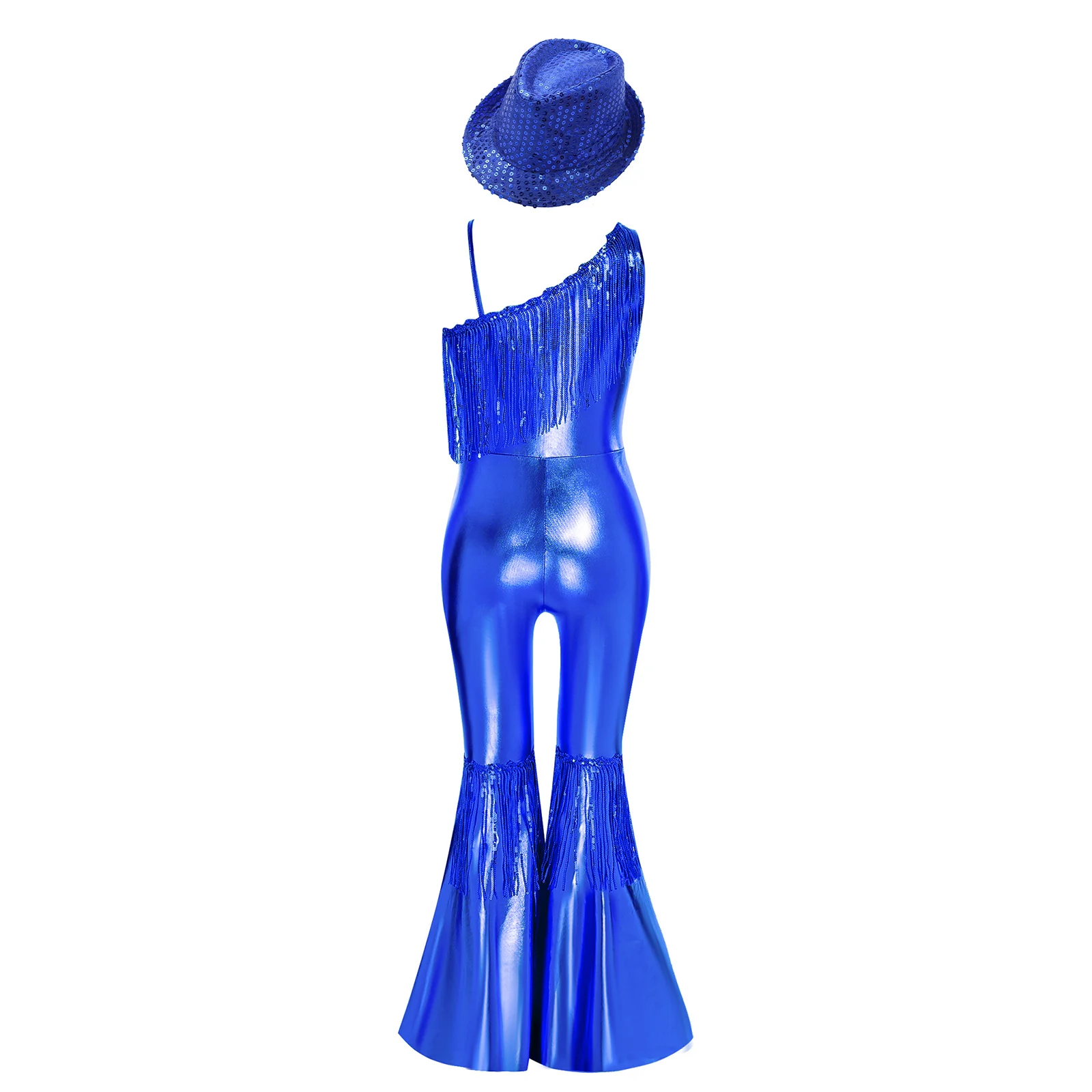 Fantasia de dança jazz discoteca para meninas, 2 peças, sem mangas, lantejoulas, borlas, cintura alta, macacão queimado com chapéu fedora para festa de concurso