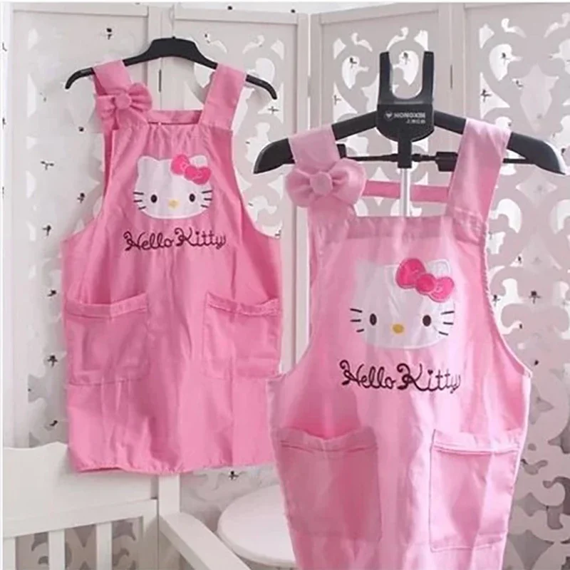 Sanrio Hello Kitty Pink Apron Kawaii Anime Figures Korean Version Adjustable Sleeveless Pocket Kitchen Supplies Tool Adult Women