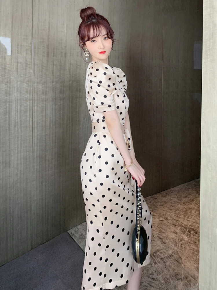 new arrival fashion party club dress women elegant summer vintage puff sleeve v-neck temperament office lady dot a-line dress