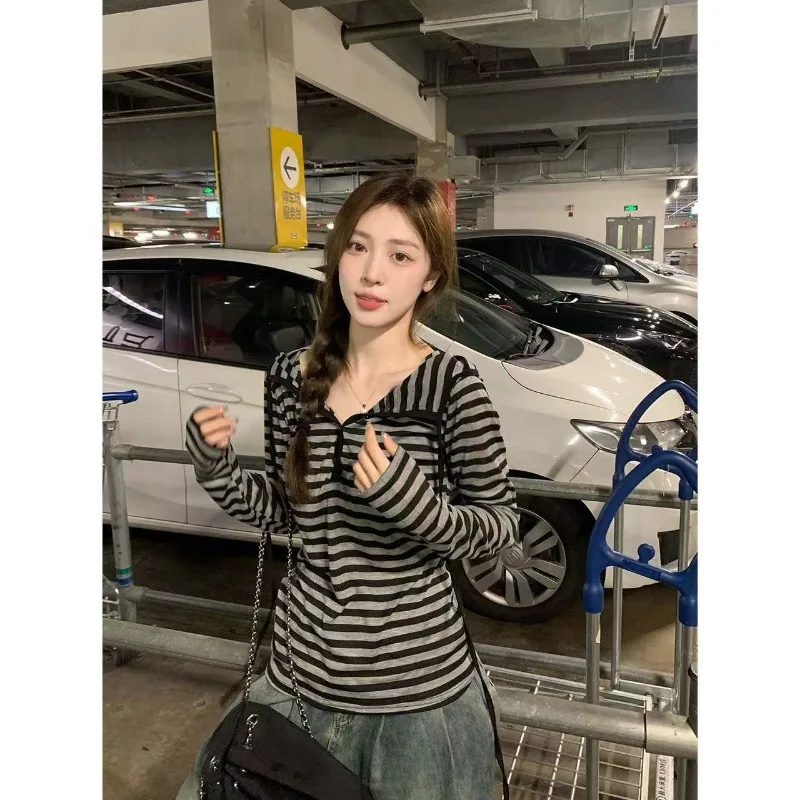 Korean Chic Half Open Collar Hooded Long-sleeved T-shirt Women's Autumn Slimming Striped Versatile Bottoming Shirt for Women