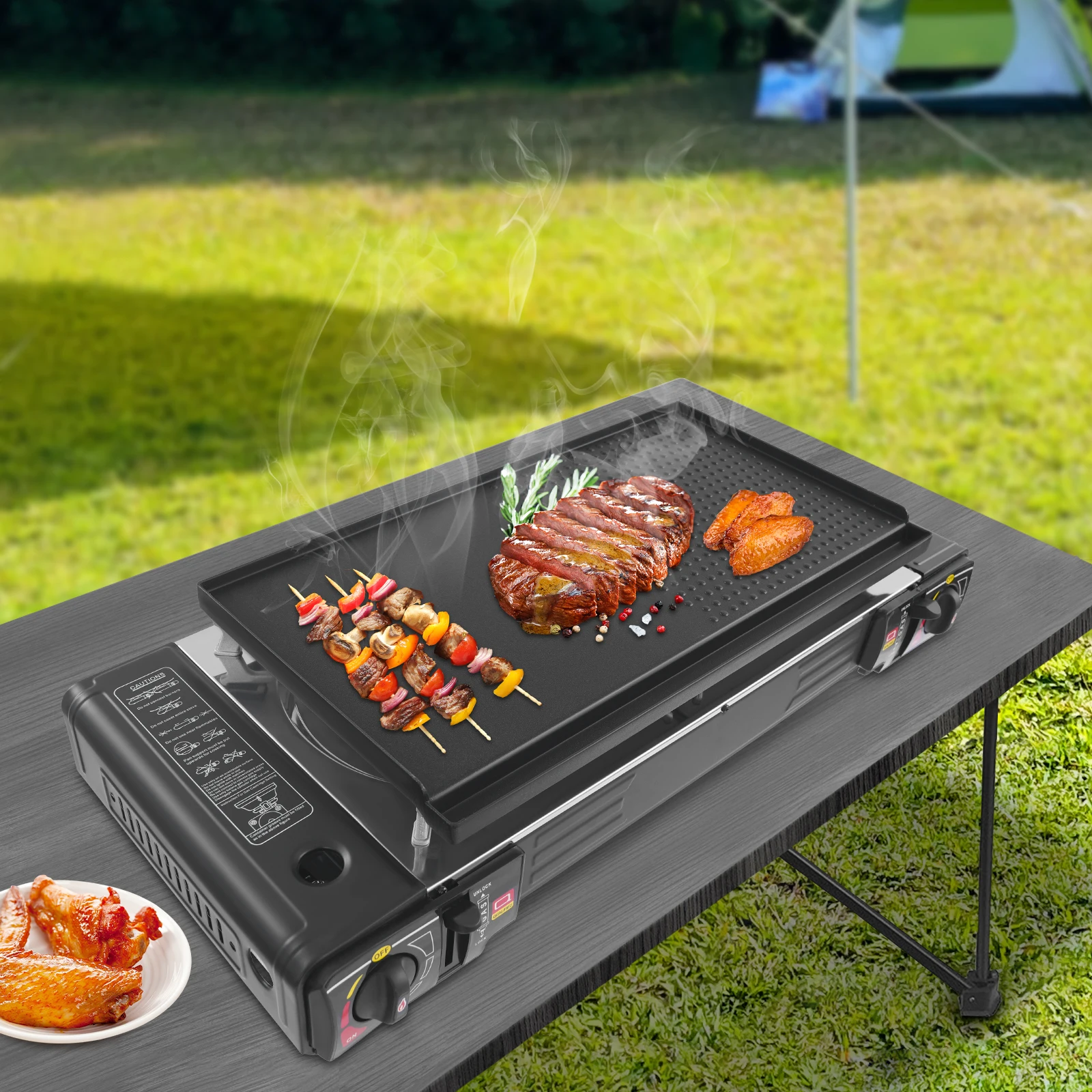Réchaud à gaz 2 brûleurs 2100-2500W avec plaque de cuisson antiadhésive, réchaud au butane pour le camping, les rassemblements, la cuisine en plein air