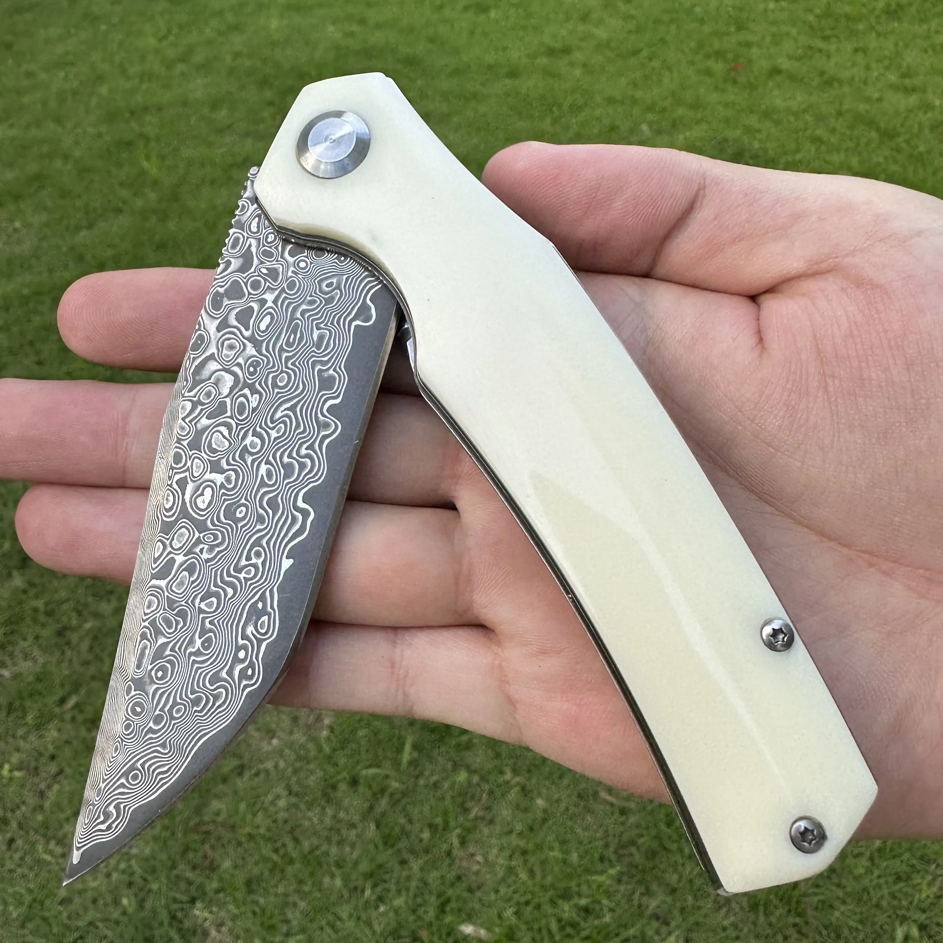 

Гладкий карманный складной нож ручной работы Topwell, настоящий Vg10, дамасское лезвие, акриловая ручка, быстро открывающаяся мужская коллекция, подарок EDC