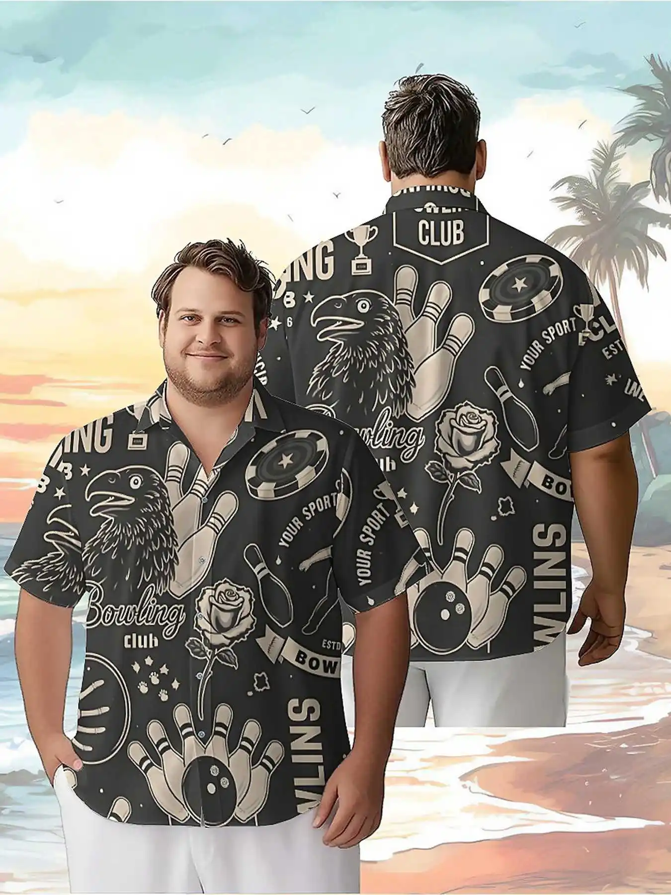 Men's Plus Size Hawaiian Shirts Vintage Bowling pattern, Summer Casual Tops, Suitable for Outdoor and Party, Streetwear