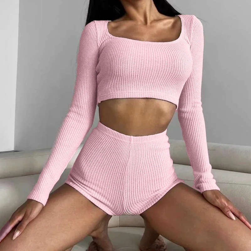 

Hugcitar Autumn 2 Pcs Sets Solid Long Sleeve Square Collar Sexy Slim Crop T-Shirt Shorts Women Casual Outfits Streetwear Workout