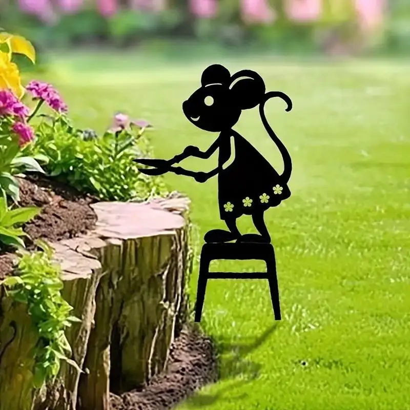 2D Flat Metal Mouse Garden Stakes Cute Gardener Silhouette Ground Insert Flower Pot Yard Decor Ornament