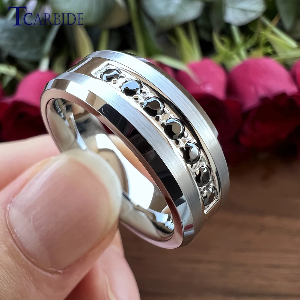 8mm Men Women Tungsten Steel Combination Ring With 7 Black/White CZ Stone Inlay Fashion Engagement Wedding Band