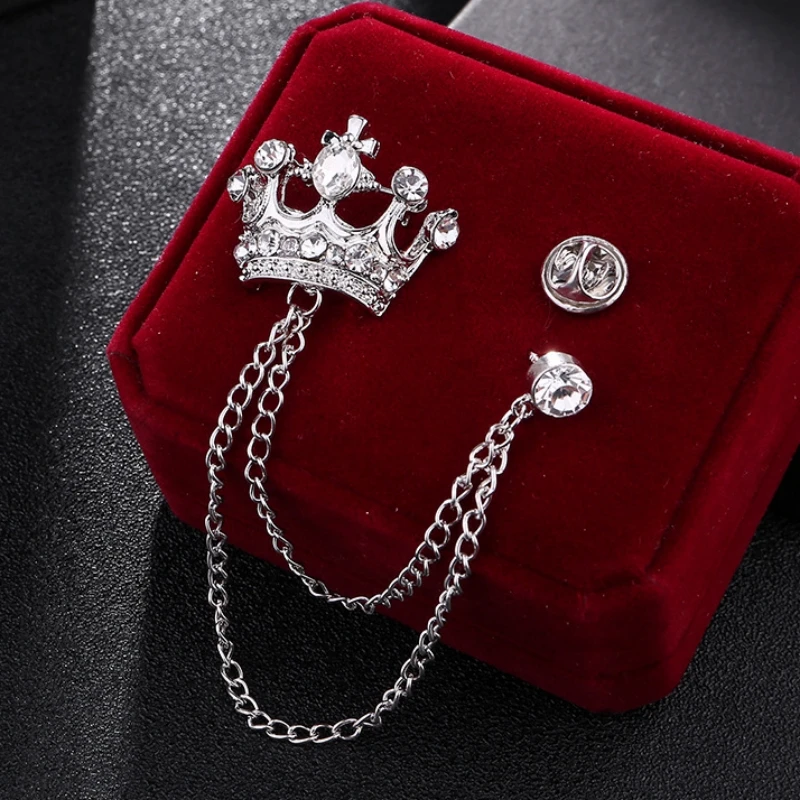 Silver Color Crown Brooches for Men&Women Crystal Luxury Brooch Chain Tassel Pendants Clothing Accessories for Bridegroom