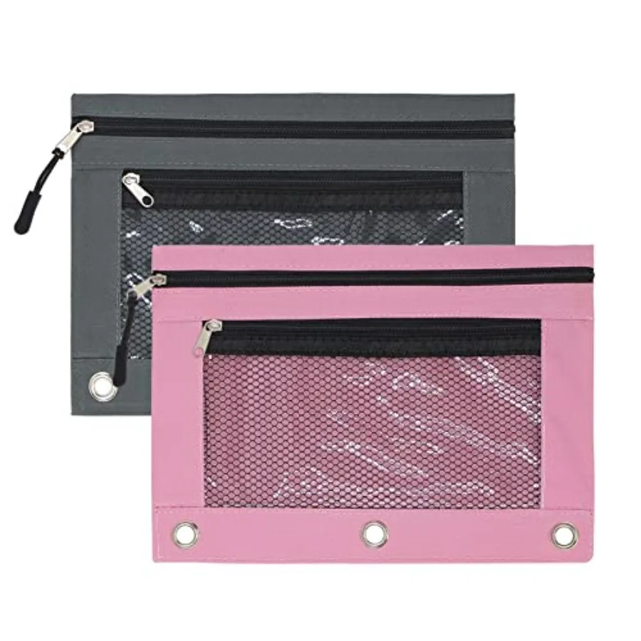 

Мешочек для переплета с 3 кольцами, сумка для переплета на молнии с двойным карманом, 3 кольца с прозрачным окном, серый, розовый, 2 па