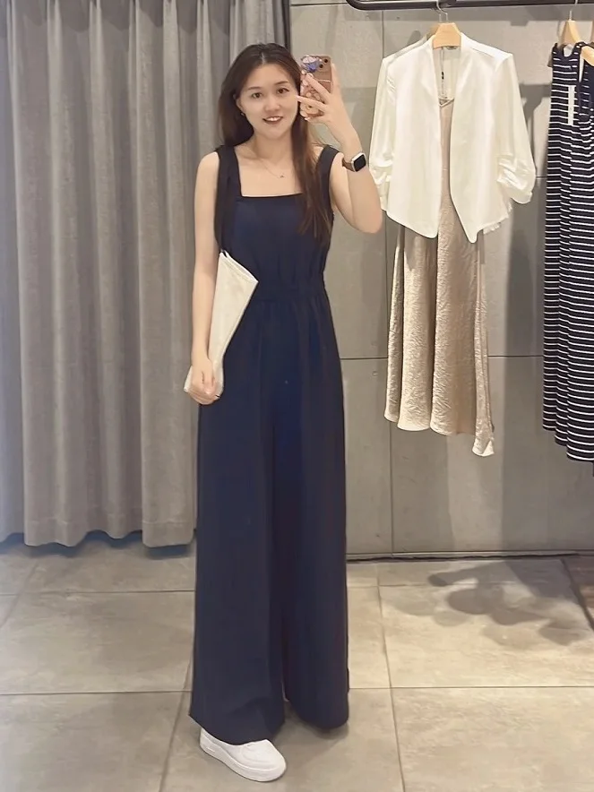 จั๊มสูทผู้หญิงทรงหลวมเอวสูง รุ่นใหม่ประจำฤดูร้อน MM2024 สีน้ำเงินกรมท่า พร้อมสายรัด