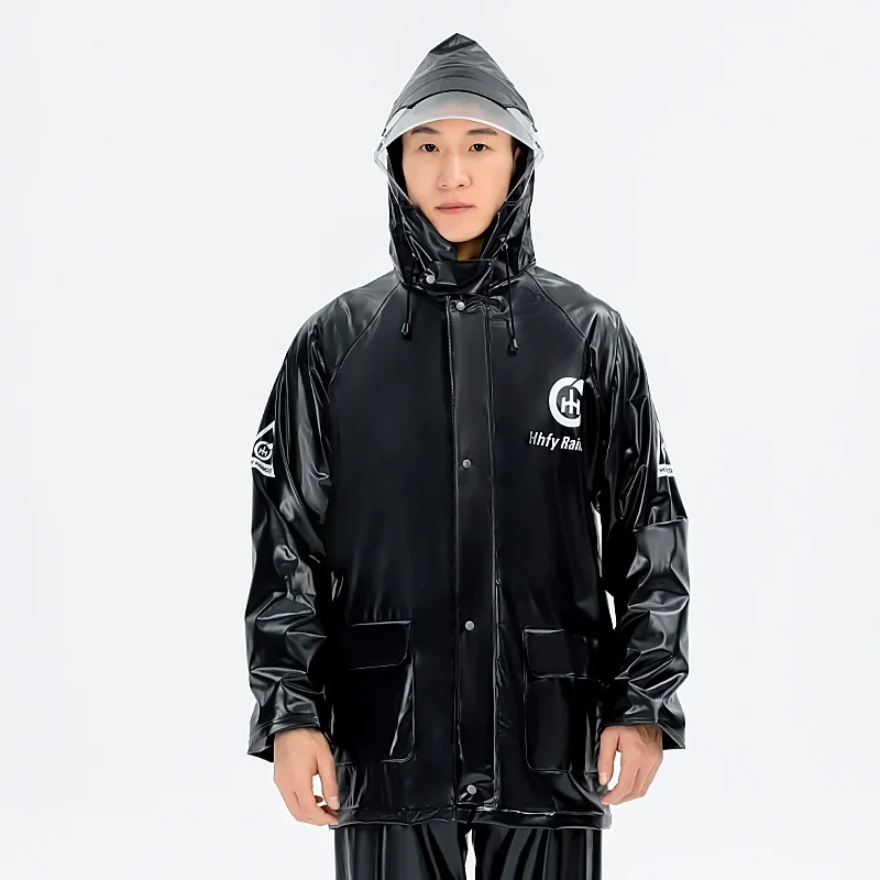 Giacca da uomo lunga trasparente impermeabile in PVC con cappuccio da uomo, impermeabile da equitazione, antipioggia, con pantaloni, set di top