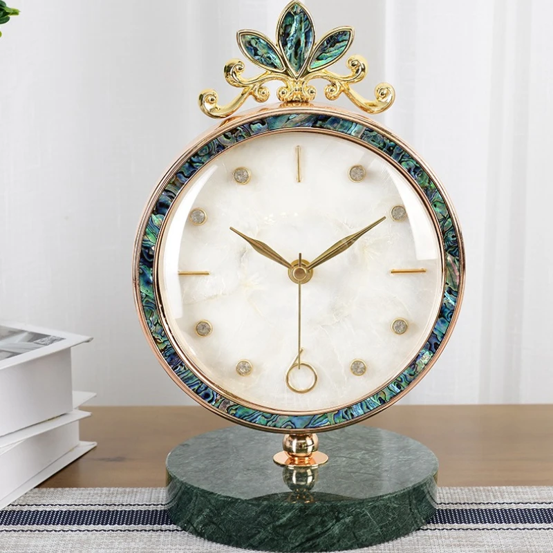 Natural Shells Desktop Clock Light Luxury Table Clock Living Room Marble Round Table Watch Fashion Home Decoration Ornaments