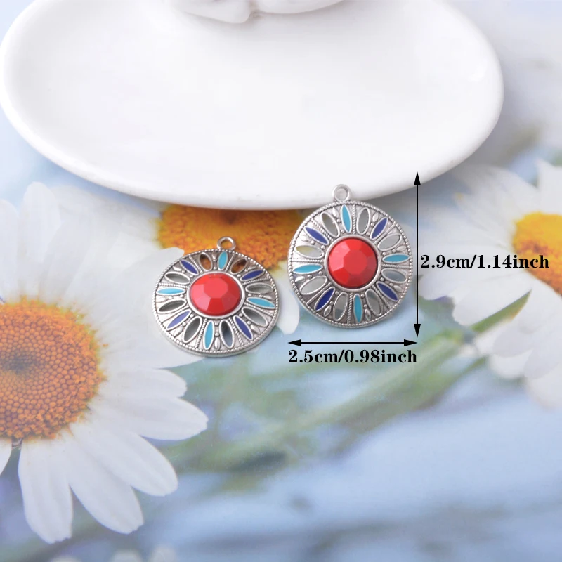 10pcs Bohemia Zinc Alloy round Enamel charms turquoise imitation Champagne Golden Earrings Pendant DIY Women's  Jewelry Making