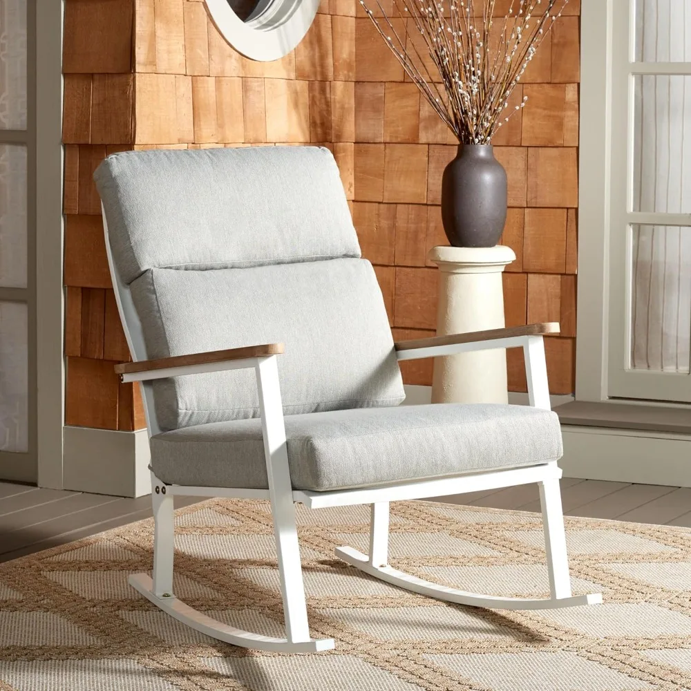 Outdoor Collection  White/Natural/Light Grey Linen Cushion Solid Wood Rocking Chair