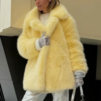 Autumn Winter Thick Warm Faux Fur Coat Medium Length Fox Fur Coat Casual High Quality Fluffy Jacket Abrigos De Peluche De Mujer
