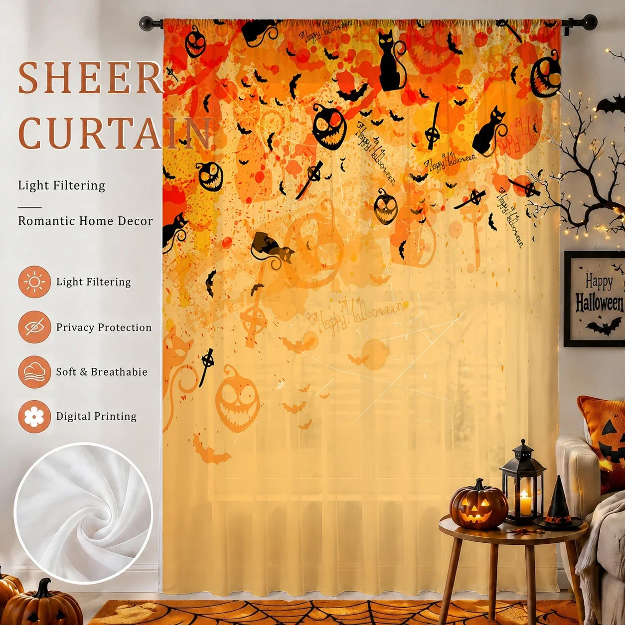 1Pc Spooky Halloween Sheer Curtain Rod Pocket Halloween Gift Voile for Themed Party Kids Room Decor