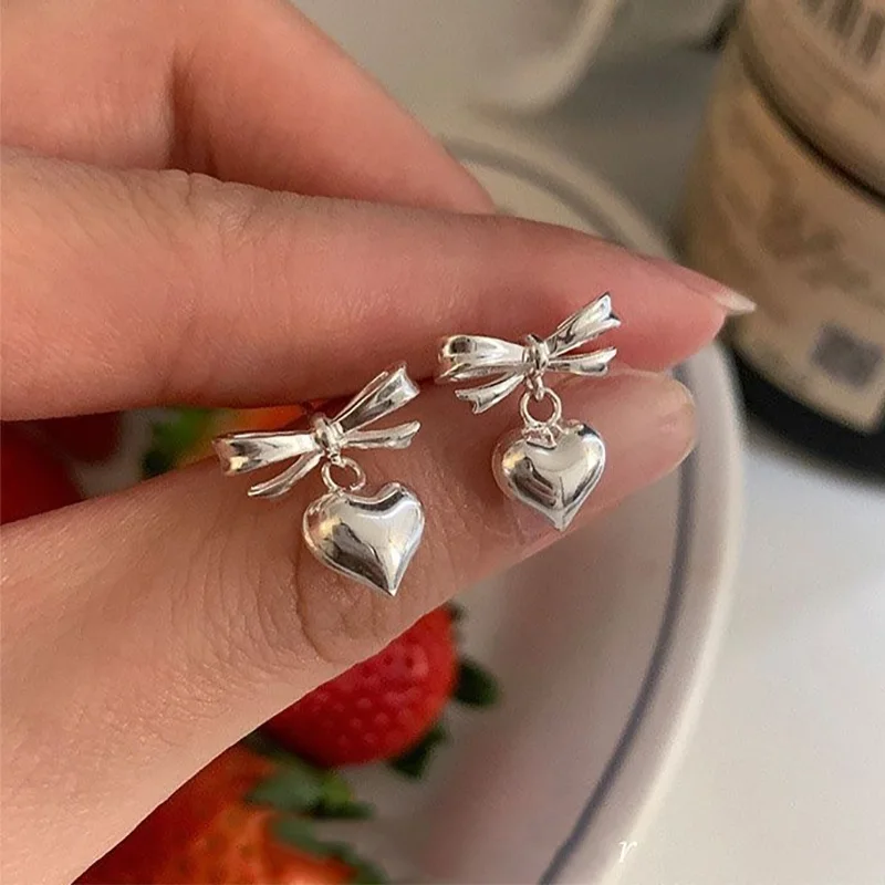 Foxanry Bowknot Love Heart Drop Earrings For Women Girl Simple Trendy Classic Sweet Exquisite Elegant Wedding Bride Jewelry Gift