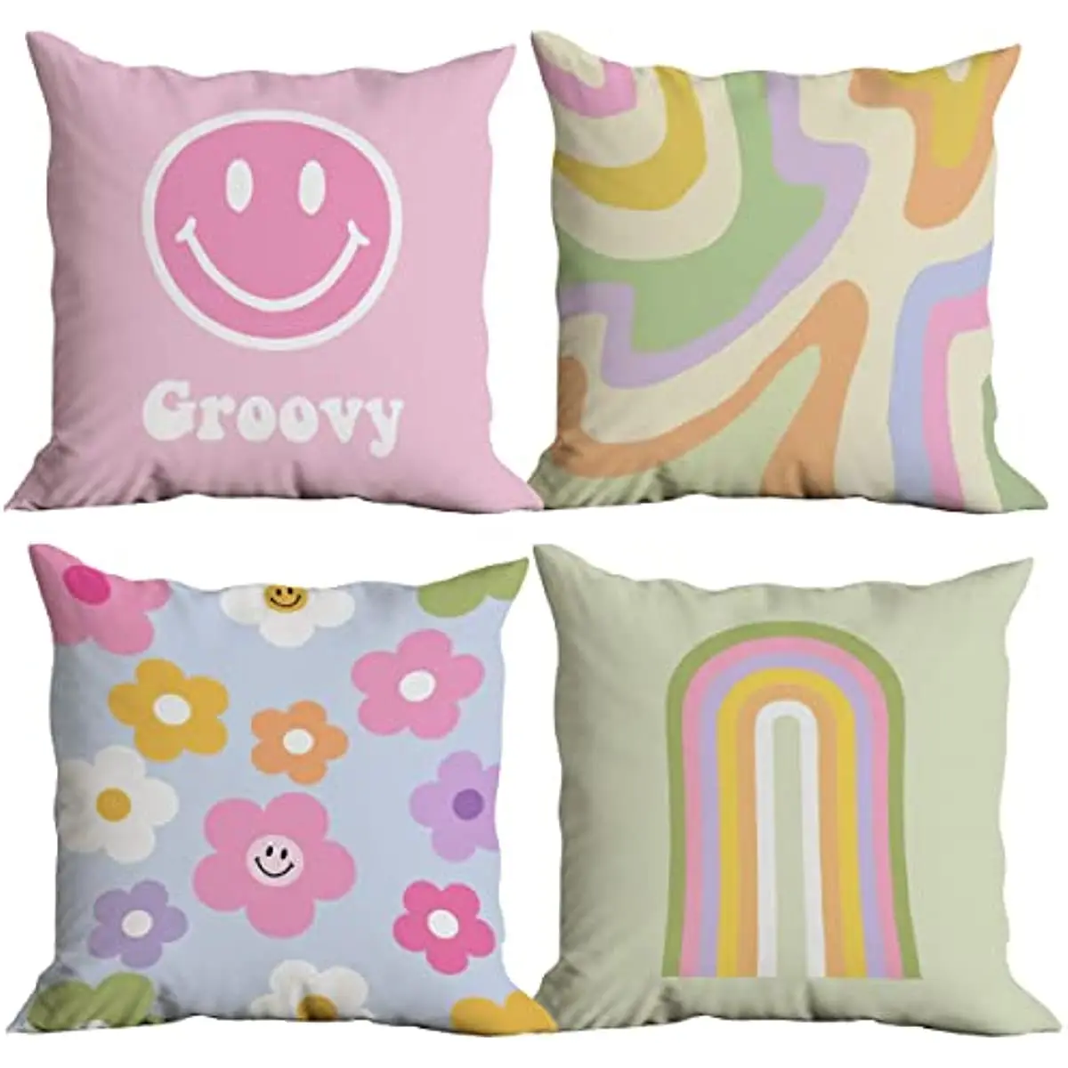 

Smile Face Rainbow Decorative Pillowcase Kawaii Flowers Throw Pillow Cover for Sofa Couch Bed Teen Girls Gifts for Girls Kids