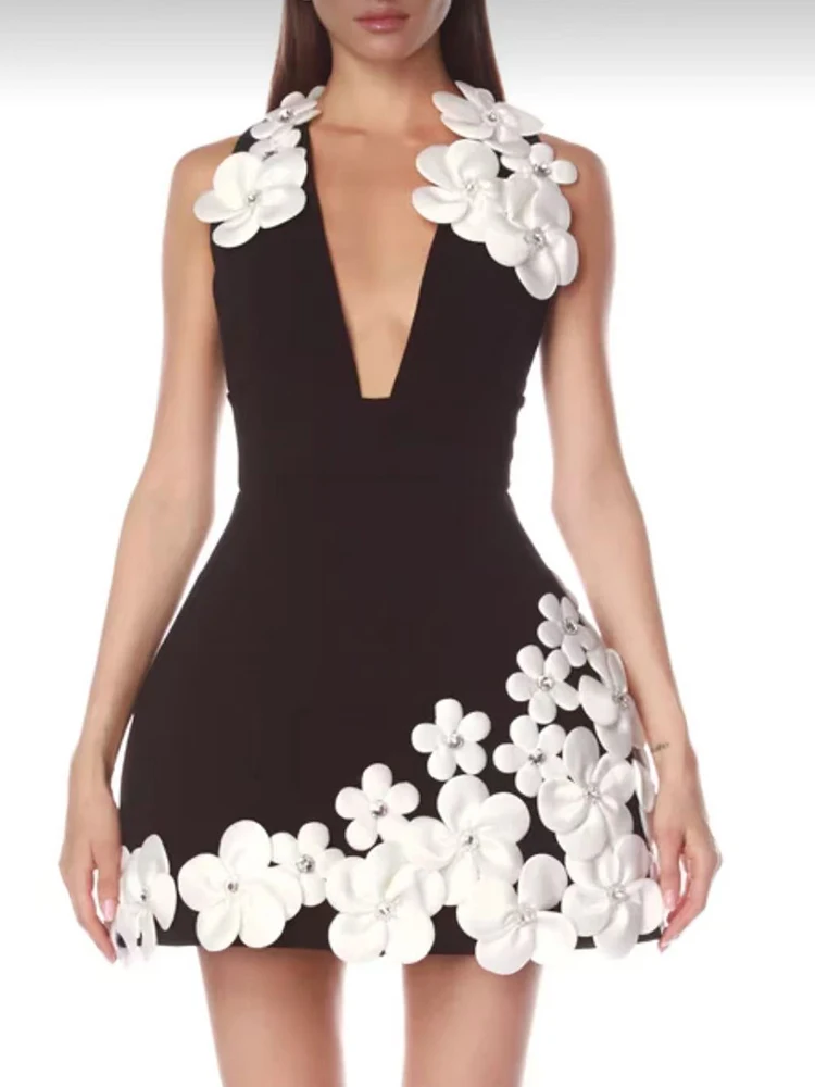 

Beaded decal sexy Deep V-neck waist waist Sleeveless dress 2025 Summer women's dress high waist wrap hip A-line skirt