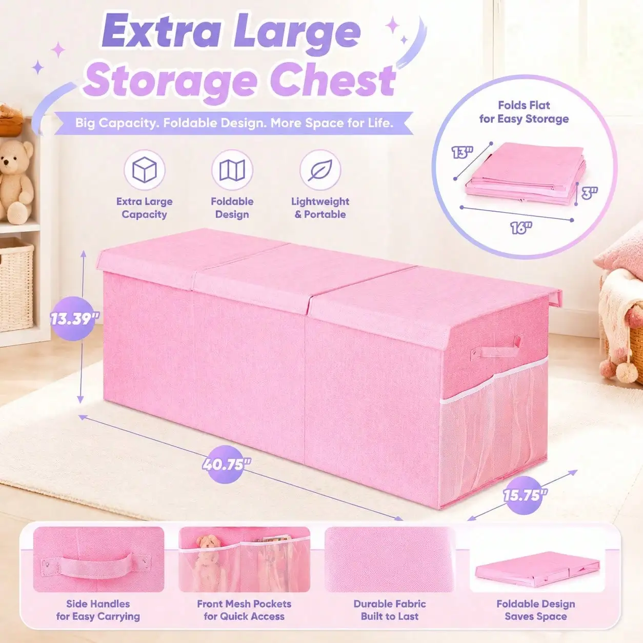 40 X 14 X 16 Inches Kids Toy Storage Box, Foldable Fabric Organizer with Mesh Pockets, Large Capacity 3-Compartment Storage Bin for Nursery & Bedroom, Pink