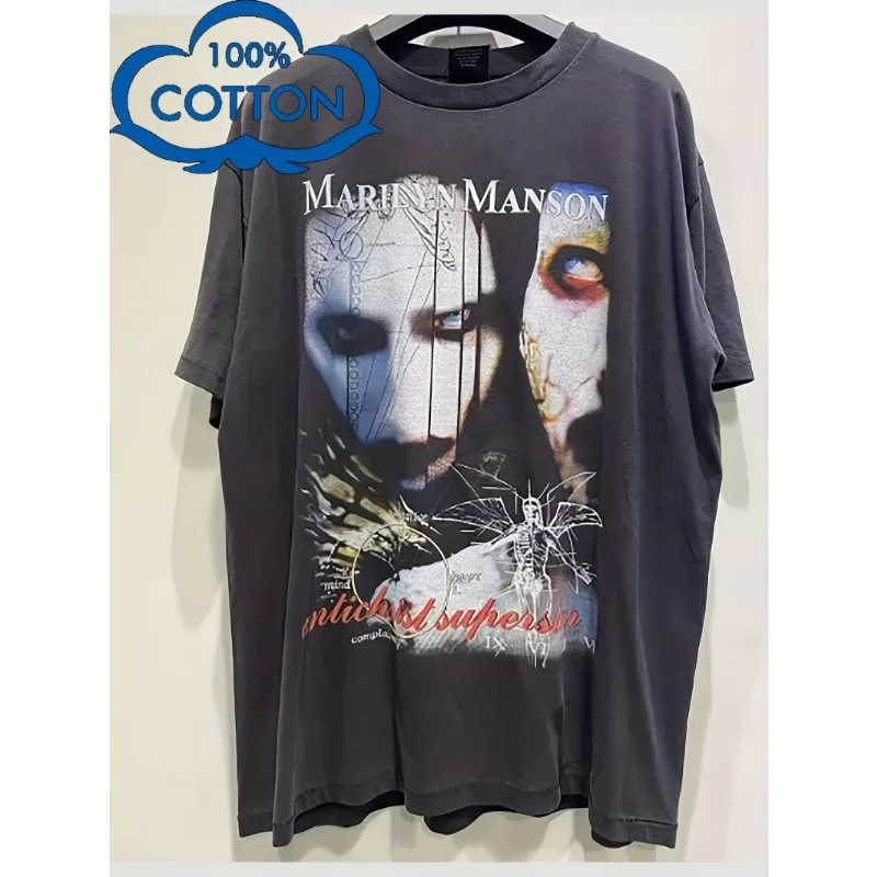 Manson Grau Schwergewicht 200Gsm 100% Herren- und Damen-T-Shirt - Mit Retro-Rock-Logo-Print, Kurzarm und Rundhalsausschnitt – Detail 3