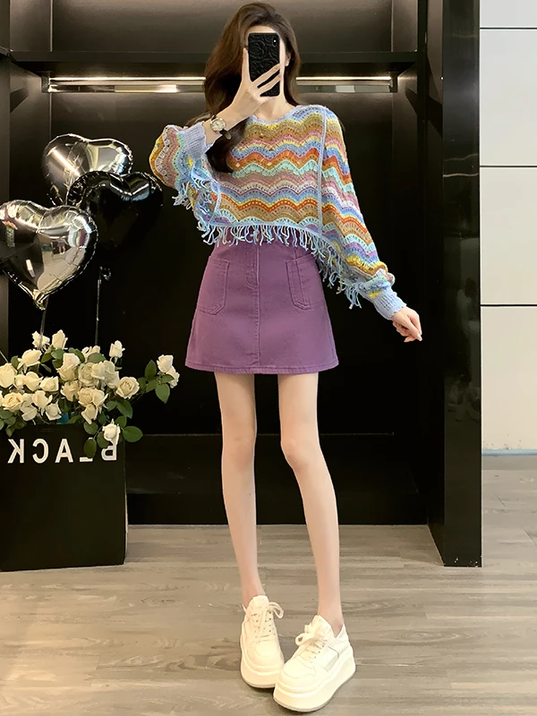 

Fashionable Casual Knitted Long Sleeve Women's Set Spring 2026 New Style Tassel Top Short Skirt Small Size Two-Piece Set