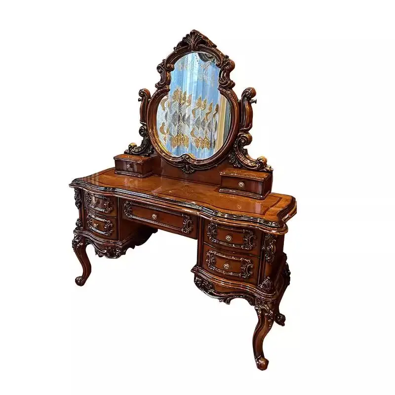European retro solid wood dresser mirror stool combination bedroom engraved luxury makeup table