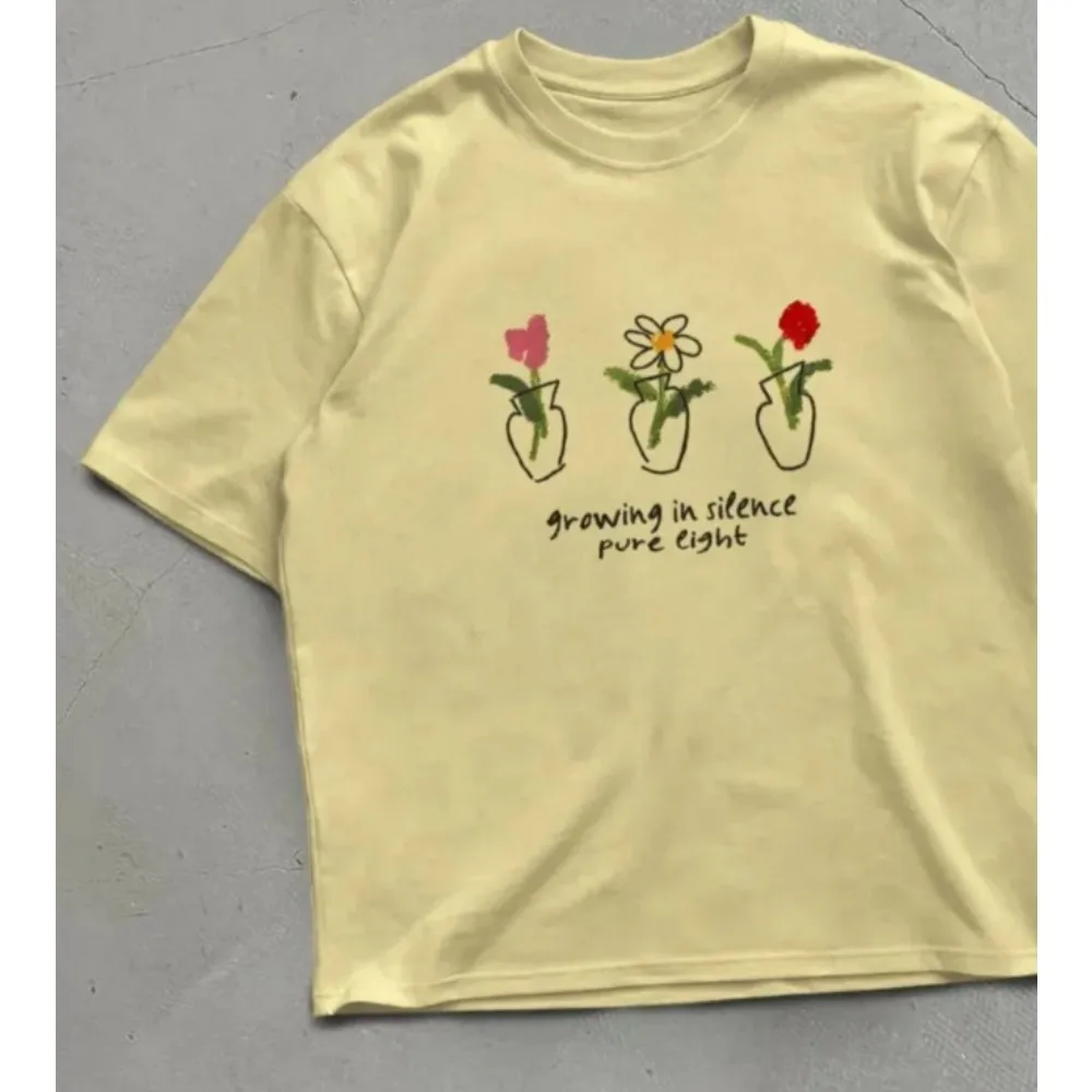 Hand Drawn Vase Flower Graphic T‑Shirts Women Growing In Silence Slogan Print Casual Loose Short Sleeve Female Daily Tops