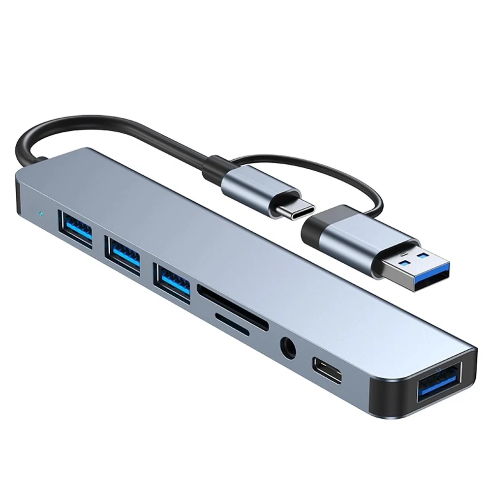 8IN2 Multiport Hub USB A & Type-C Double Plug USB3.0  USB2.0 SD TF Card Reader 3.5mm Audio Jack Portable Aluminum  for Laptop PC