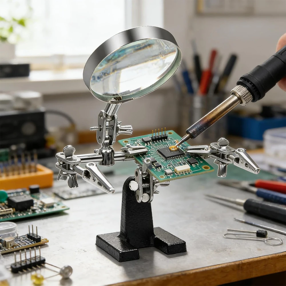 5X Welding Magnifying Glass Helping Hands Stand Magnifier with Dual Alligator Clips Adjustable for Soldering Crafting
