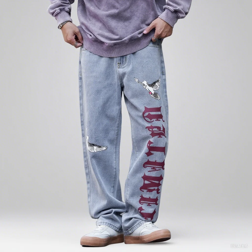 

Men's Straight Leg Jeans Soaring High Pattern Denim - Retro Washed Street Jeans with Pigeon Pattern and Gothic Font