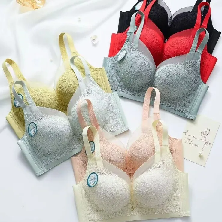 

New Mid-Thick Lace Q-Elastic Cotton Bra Women's Gathered Breathable Adjustable Push-Up Underwear Magnetic Steel Ring
