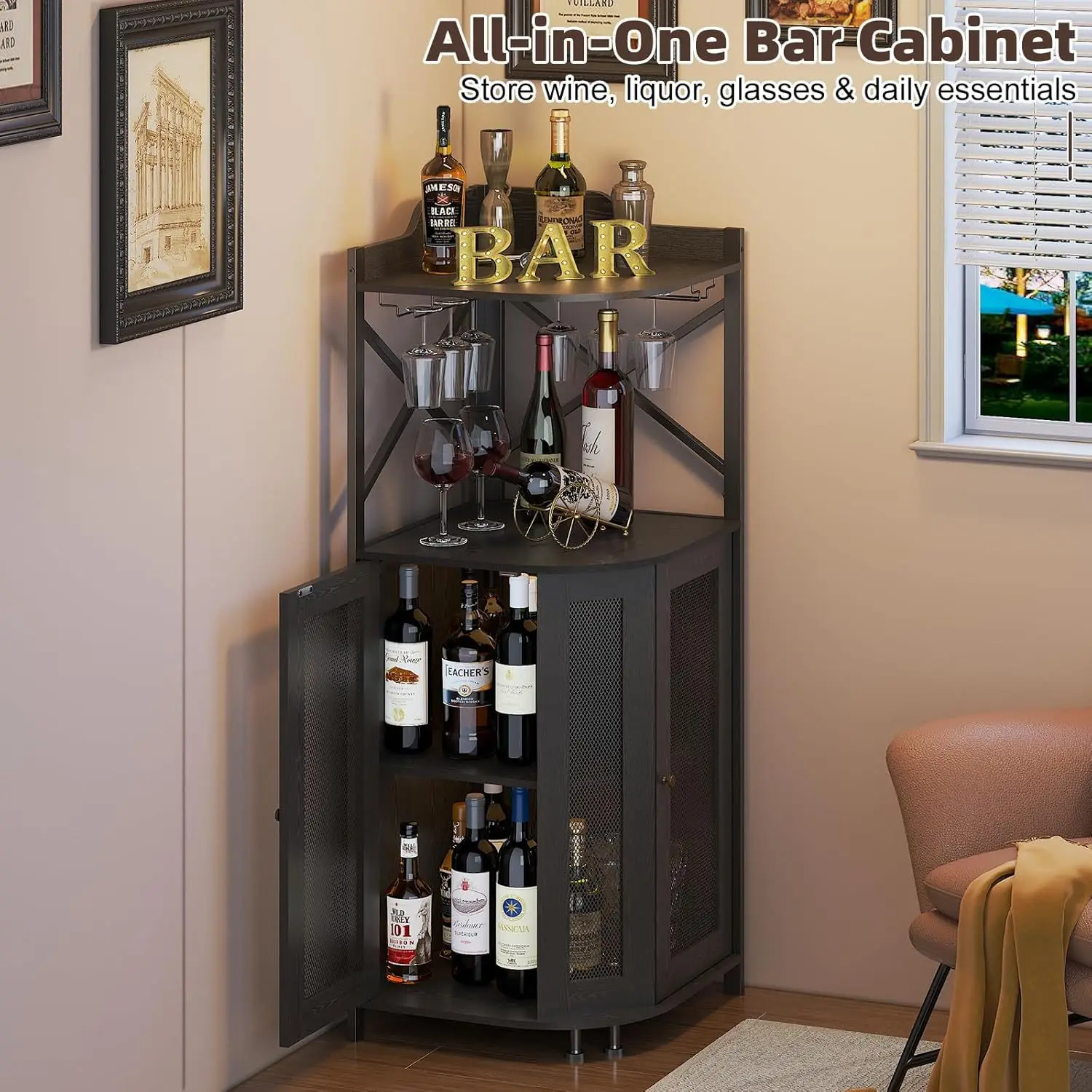 Four-layer corner cabinet with wine glass holder Industrial style coffee storage wine cabinet Display cabinet wine rack