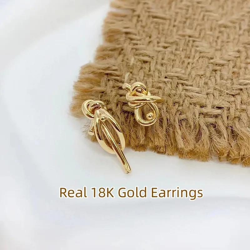 MIQIAO Real 18K Gold Simple Knot Design Earrings Pure AU750 Classic Fashion Earrings for Women Fine Jewelry Gift