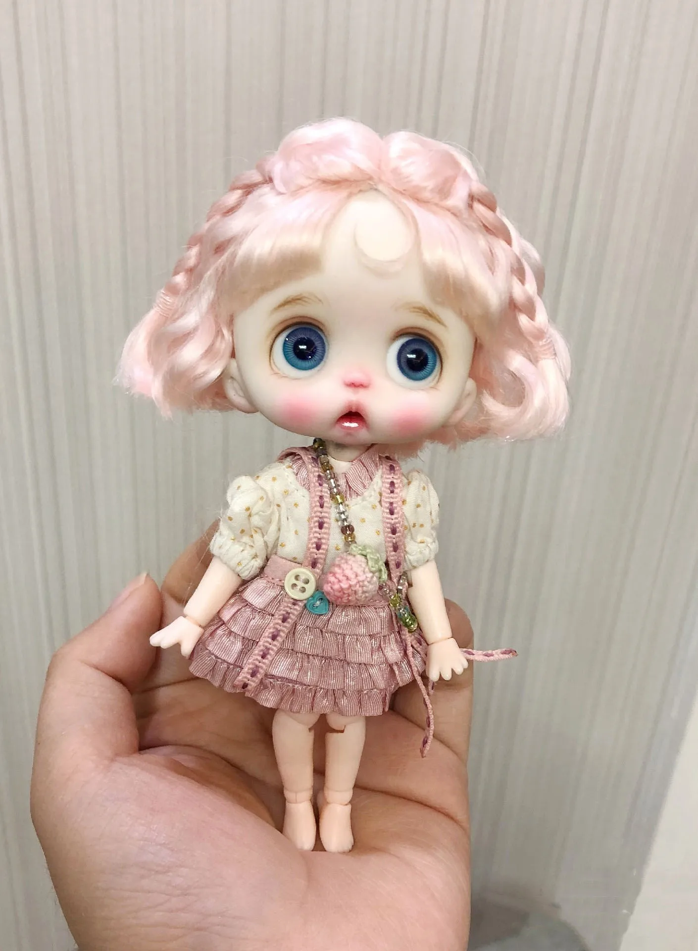 Custom OB11 doll hair hard head shell pink short wig, 1/8 BJD doll mohair free shipping