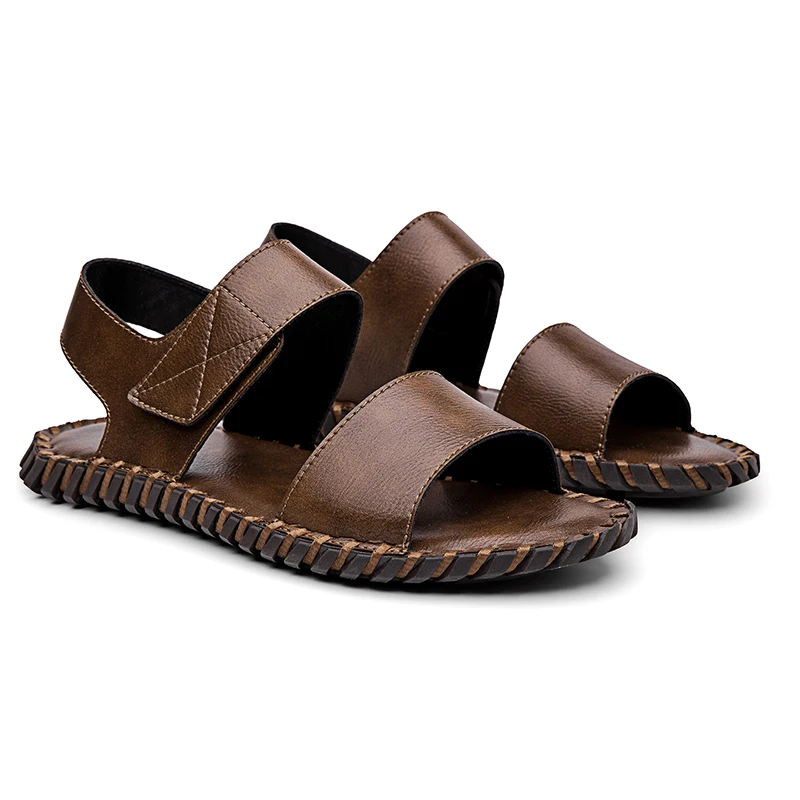 Men Artificial Leather Sandals Adjustable Strap Open Toe Casual Summer Walking Sandals Hand Stitched Non Slip Flat Beach Sandals