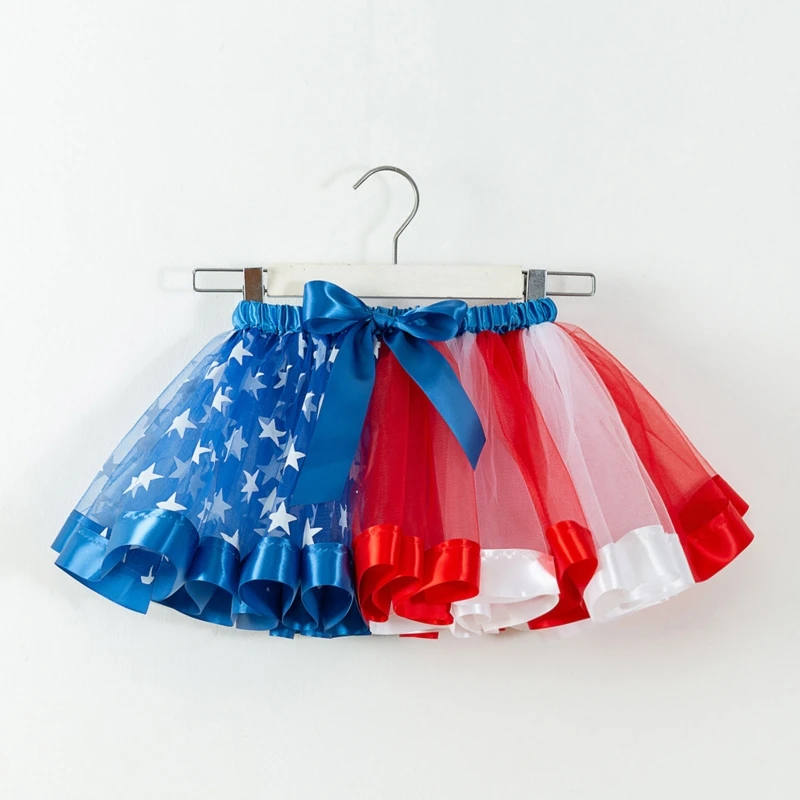 Kids Little Girls American Flag Pattern Tutu Skirt with Bowknot Hair Clip Red White Blue Star Striped Tulle 4th of July Day Up