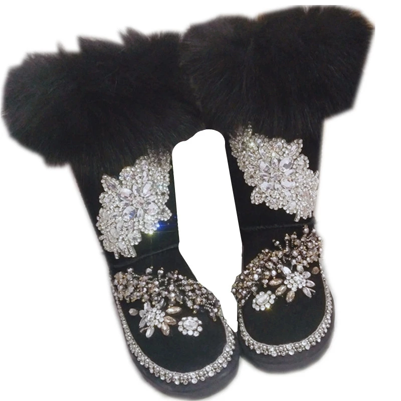 Luxury Fox Fur Black Genuine Leather Women Tall Snow Boots Thermal Thicken Plush Diamond Rhinestones Winter Shoes Handmade