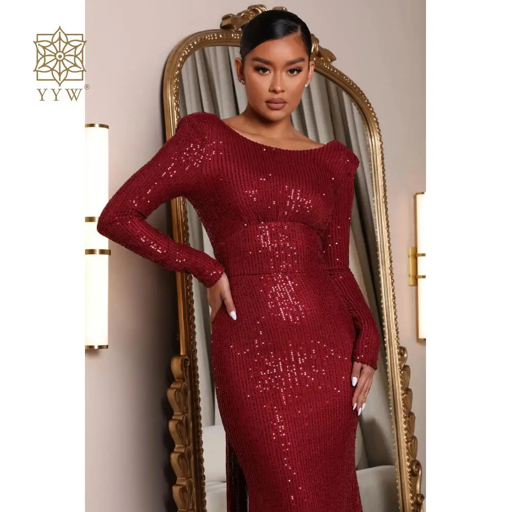 Wine Red Long Evening Dress Glitter Sequin Sexy Backless Evening Wedding Party Dresses Mermaid Long Sleeves Tassel Formal Dress