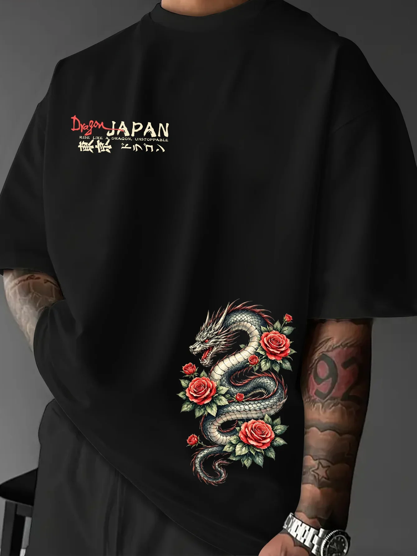Men Japanese Dragon T Shirt Red Rose Japan Letter Graphic Print Oriental Streetwear Oversized Casual Short Sleeve Tee Summer Top