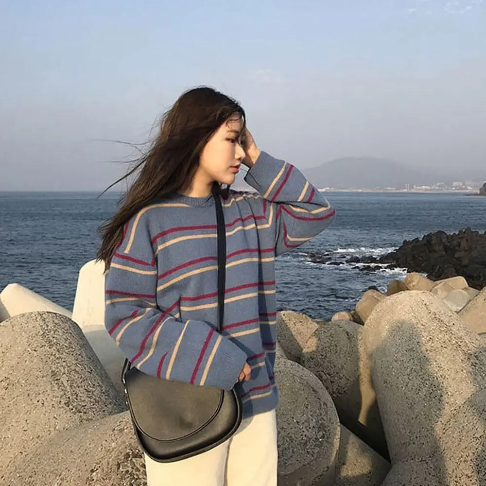 

2024 new autumn and winter Korean style lazy style striped sweater loose bottoming long-sleeved pullover student sweater jacket