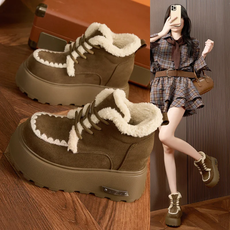 Fujin 10 سنتيمتر 3 بوصة منصة الأحذية جلد طبيعي الجلد المدبوغ الثلوج الأحذية الكاحل الحرارية الدافئة معزول أحذية الشتاء مريحة النساء